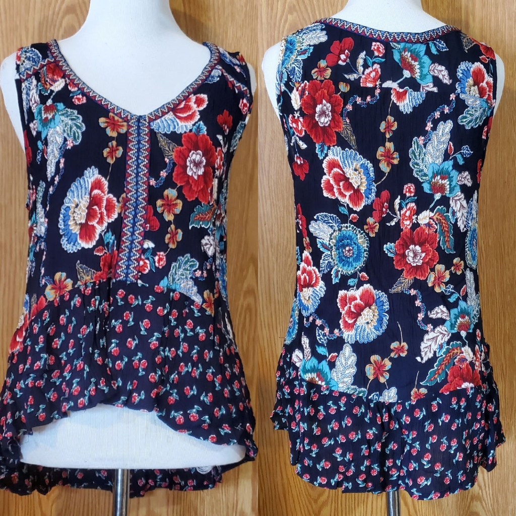 Patrons Of Peace Floral High Low Boho Top With Embroidered Trim Rayon Size M